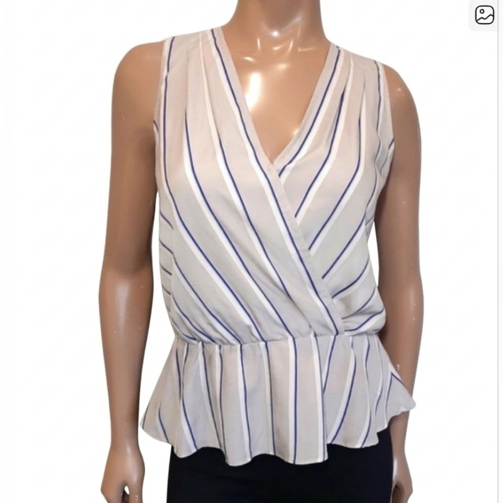 Banana Republic Striped Wrap Peplum Top Sleeveless Pleated Silky Blouse